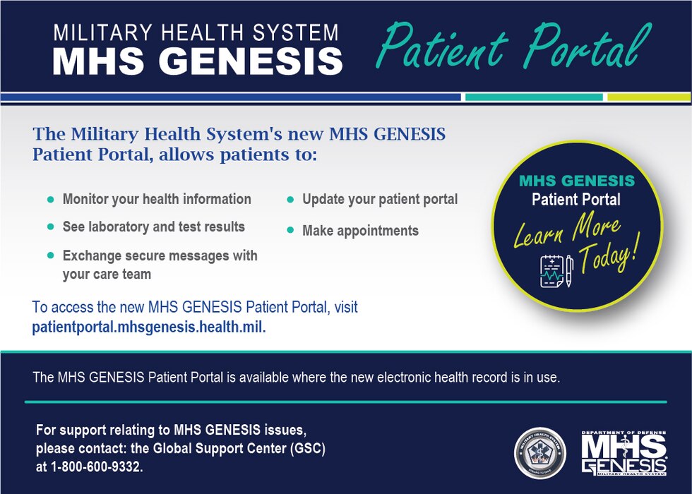 MHS GENESIS Patient Portal informational graphic that lists what it allows patients to do and how to access. 
MHS GENESIS Patient Portal is available where the new electronic health record is in use.