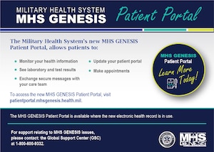 MHS GENESIS Patient Portal informational graphic that lists what it allows patients to do and how to access. 
MHS GENESIS Patient Portal is available where the new electronic health record is in use.