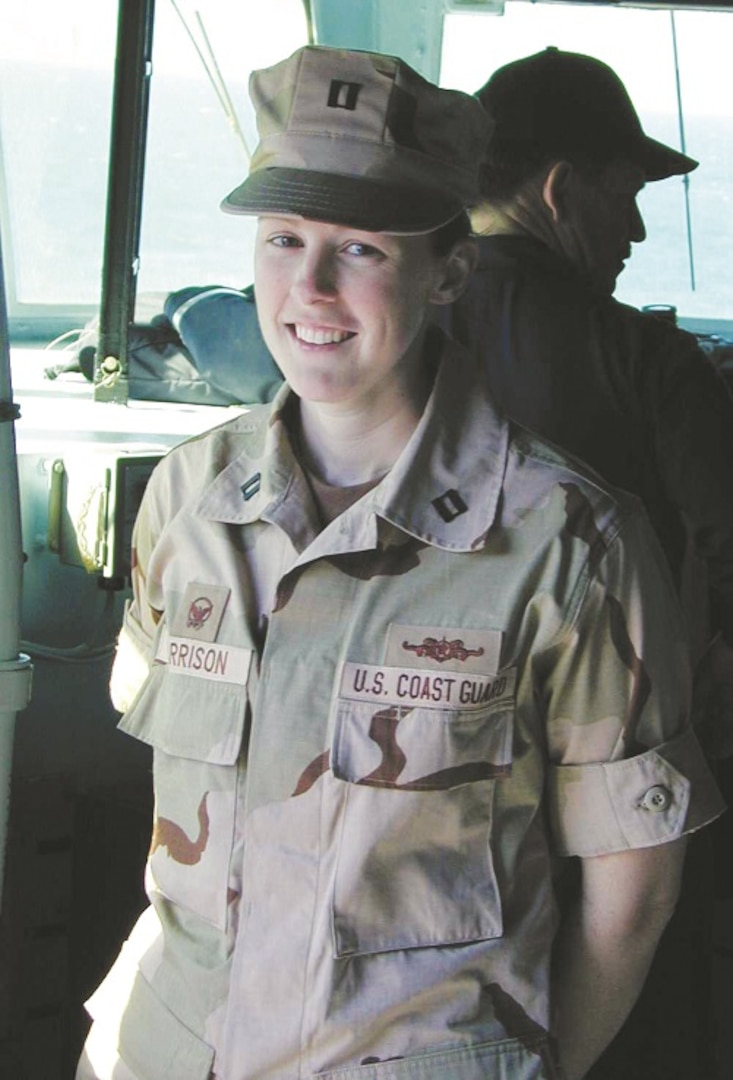 Lt. Holly Harrison aboard Coalition warship USS Milius in February 2003. (Coast Guard Collection)