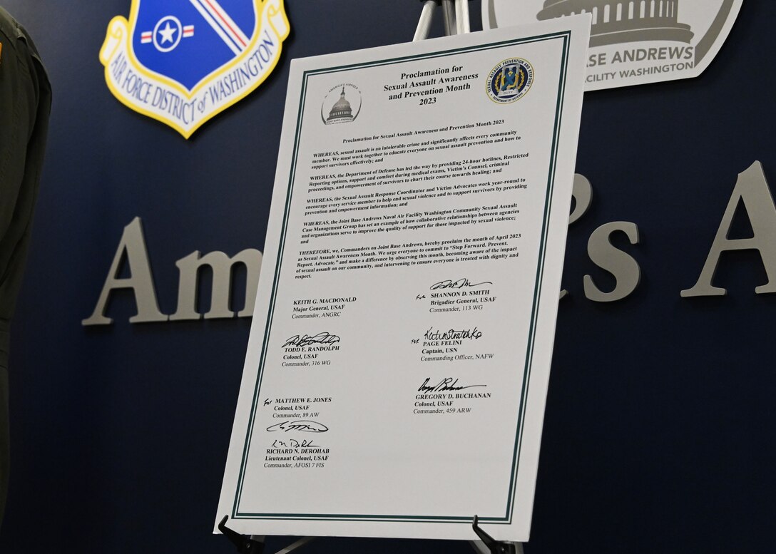 A signed proclamation to designate April as Sexual Assault Awareness and Prevention Month is on display at Joint Base Andrews, Md., March 15, 2023. Though SAAP is emphasized in April, it is a Department of Defense priority throughout the year that focuses on creating a culture to eliminate sexual assault. (U.S. Air Force photo by Airman 1st Class Austin Pate)