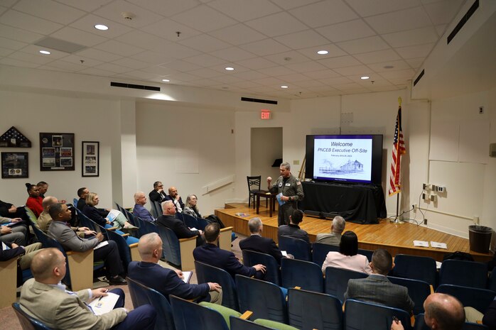 Rear Adm. Pete Garvin, commander, Naval Education and Training Command (NETC), delivers opening remarks for the Professional Naval Chaplaincy Executive Board offsite meeting onboard Naval
Air Station Pensacola February 28, 2023. NETC’s mission is to recruit, train and deliver those who serve our nation, taking them from street-to-fleet by transforming civilians into highly skilled, operational and
combat ready warfighters. (United States Navy photo by Lt. j.g. Sean Panish)