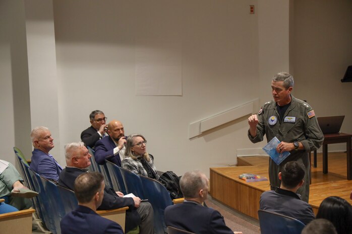 Rear Adm. Pete Garvin, commander, Naval Education and Training Command (NETC), discusses the contributions made by chaplains and religious program specialists to the spiritual readiness of the fleet, during the Professional Naval Chaplaincy Executive Board offsite onboard Naval Air Station Pensacola February 28, 2023. Naval Education and Training Command’s mission is to recruit, train and deliver those who serve our nation, taking them from street-to-fleet by transforming civilians into highly skilled, operational and combat ready warfighters. (United States Navy photo by Lt. j.g. Sean Panish)