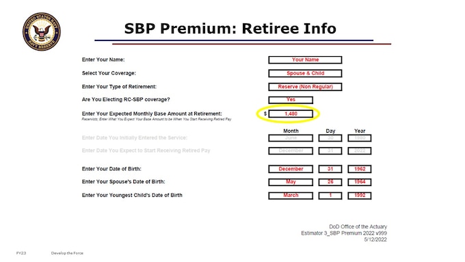 Here on Tab 1 of the spreadsheet you select several key items: 
Coverage level (eg, spouse, spouse and child), type of retirement

Estimated Retired Pay (dollar amount)
Your date of birth, spouse’s date of birth, youngest child’s date of birth.

Populate the tool with your information.