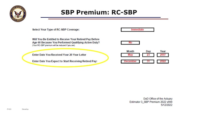 Select your type of coverage (Immediate or Deferred.)
Enter the date you received your 20 Year Letter, also known as your NOE.
Enter the date you expect to start receiving retired pay.