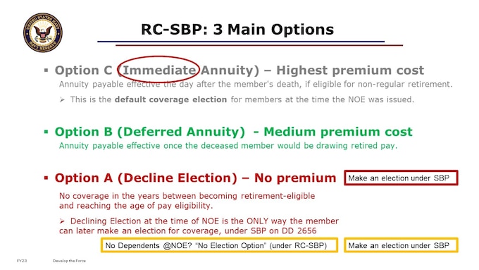 Options C, B, and A are your THREE OPTIONS: immediate, deferred, or declined coverage.
The actual elections are far more detailed, but generally fall into one of these three main options.
Immediate literally means that the Annuity would be payable effective the day after your death, if eligible for non-regular retirement.
Deferred means that you are deferring the effective date of the annuity; it effectively would not be payable to your survivor(s) until the future date on which you would have been drawing retired pay, if you predecease them. You save on premiums with this option, while still having some annuity payable in essentially the age 60+ retirement years.

Make your election within 90 days REGARDLESS of if you want the Plan or do NOT want the Plan. The default coverage – i.e.. Option C Immediate Spouse coverage based on Full Retired Pay – will be imposed on the 91st day!

If you have NO dependents at the time of your NOE, and you do NOT make an election, then you would default to Option A (Decline Election due to No Election Option). Only those that declined RC-SBP – and those that defaulted into Option A - will be given the opportunity to make an election under SBP when eligible for Retired Pay. But, even if you still have no dependents by the time you are eligible for retired pay, you MUST make an election under SBP.  

In other words, MAKE SURE you elect to DECLINE COVERAGE again under SBP. Otherwise it will DEFAULT, and DFAS will automatically charge you for spouse-only coverage.  Please look carefully at DD Form 2656-5, RC-SBP Election Certificate, when making your elections. and SBP section on DD Form 2656 Mar 2022.