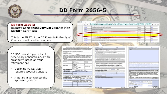 This is what the DD2656-5  Reserve Component Survivor Benefit Plan (RC-SBP) Election Certificate looks like.
This form is THREE PAGES. YOU MUST COMPLETE and RETURN this form within 90 DAYS OF RECEIPT OF YOUR NOE.  Or your election will DEFAULT.
The staff in PERS-912 has noted an improvement in the NON-COMPLETION / NON-RETURN RATE for this form, from initial 2019-2020 estimates of approximately 90% non-return from the NOEs sent. Help keep that trend going, and return your election certificate, even if what you intend in the same coverage as the default.

Let me say that again, louder and with a slightly different message, for the people in the back.

Once you have received the NOE with your RC-SBP/DD Form 2656-5 return the RC-SBP election within 90 days regardless of intention to retire imminently or not.  

If you’re married or you have a dependent child when you receive your notice of eligibility for retirement, you will be automatically enrolled in RC-SBP -- unless you choose not to participate within 90 days of the date of notification.  Your spouse’s notarized signature will be required if you are married and are electing anything other than the immediate annuity option.

If you choose not to participate in RC-SBP, you remain eligible to participate at retirement (with pay) age.

When you enroll, you must decide when you want your designated beneficiary’s benefit payments to begin.  This option is called an immediate or deferred election.

Decline / Deferred / Immediate.  Spouse only.  Spouse and Child.  Child only.  