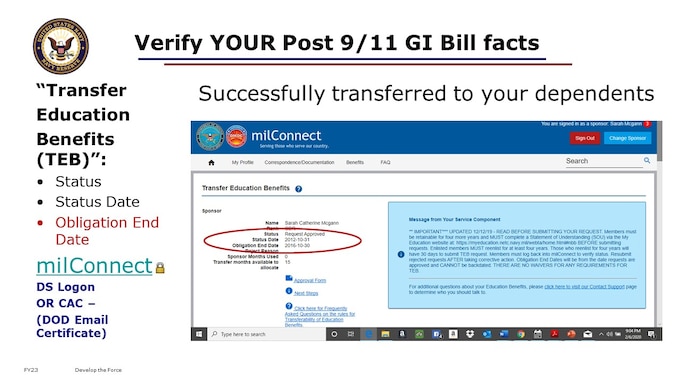 CAUTION: Include in YOUR retirement timing plan your Post 9/11 GI Bill Service Obligation, along with any other contract or MSO (Military Service Obligation.)

Verify you have completely satisfied your Post 9/11 GI Bill Transfer of Education Benefits Service Obligation!
Understand the financial recoupment risk of not satisfying this obligation prior to retirement.

Login with CAC or DS Logon to MilConnect website to see your specific information.  (This is also where you check to ensure that it HAS transferred properly!)

PERS-912 now does check retirement requests for this Post 9/11 GI Bill benefit transfer service obligation.

Expanded Transferability of Post 9/11 GI Bill benefits to family members: The 2018 version of DoDI 134113 line in/out changes covers people forced to retire, non select HYT and medical separated.  GovDelivery from COMNAVRESFOR  21 August 2020 amplified the guidance, including changes to the DoDI 1341.13. 
Confirmed through PERS-91. 

https://www.esd.whs.mil/Portals/54/Documents/DD/issuances/dodi/134113p.pdf?ver=2018-07-12-084756-290)
 
For detailed instructions and to apply (TEB = Transfer of Education Benefits) - Visit milConnect 
(https://milconnect-pki.dmdc.osd.mil/milconnect/public/faq/Education_Benefits-How_to_Transfer_Benefits)