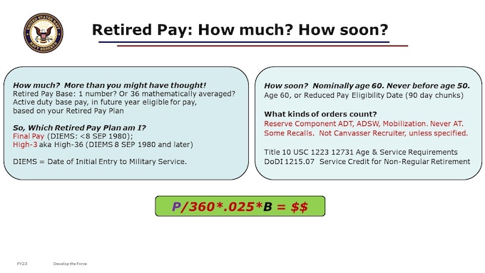 Retired Pay is considered a DEFINED BENEFIT.  TSP is considered a DEFINED CONTRIBUTION. 
The amount of your retired pay is determined using a mathematical formula. The timing of your retired pay depends on your age and if you performed qualifying active orders to reduce your eligibility below age 60 to as low as age 50. Some members will continue to actively serve past age 60, meaning they won’t be eligible to draw retired pay until they do actually retire, though this is much less common and requires approval for continuation/retention.
Remember that your Retired Pay Base will be either 1 single base pay figure (FINAL PAY) or a more complex mathematical average of the highest 36 months of base pay figures prior to effective retirement (HIGH-3).