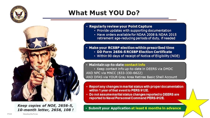 Submit your application for your retired pay at least 6 months in advance of your retired pay eligibility date in order to best assure on time receipt of pay and benefits. You can submit this up to a year in advance! We recommend starting this early. Do not wait for an invitation to apply. Your retired pay is not automatic, and there is no requirement for the service to notify you of this timeline at this point. The onus is on you to take action for your retired pay and benefits.