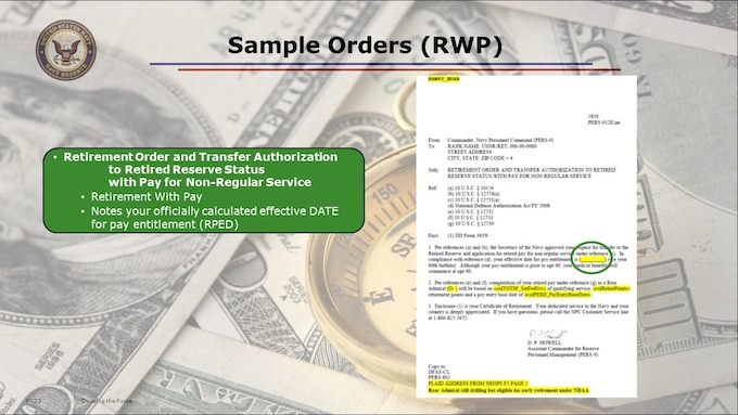 Once PERS has completed your retirement request and sent to the next step (i.e., approved you for transfer to the retired reserve, and/or sent your Application for Retired Pay forward to DFAS), you should receive from PERS in your mail your Retirement Orders. These are template samples of what your Retirement Orders Letters may look like. With these, you will need to begin the process and appointment scheduling to obtain a new ID Card, as you will no longer have a CAC once you retire.  (RAPIDS/ ID Card Office appointment scheduler online.)