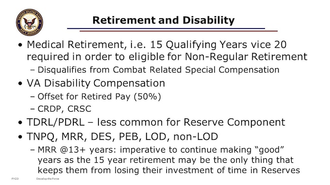 The 15 year retirement is at 10 USC 12731b. The title of the statute is misleading as the law applies to both LOD and non-LOD cases.If a member is being separated for a medical reason - and that would mean via MRR or DES, LOD or non-LOD - and they have 15 good years - then the 20year requirement for regular reserve retirement is dropped to 15. In all other respects it is the same retirement as for a member with 20 good years(wait to age 60-ish for pay, buy reserve retired Tricare, IDs, etc). The only exception is they are disqualified from getting Combat Related SpecialCompensation. (a rare scenario for these members). At age 60-ish, they are entitled to Concurrent Receipt if otherwise qualified (50% VA).This frequently comes up in the scenario where a member with 13+ years is put in MRR and non-drill. It is imperative that the member continue makinggood years as the 15 year retirement may be the only thing that keeps them from losing their investment in the Reserves.The option to request 15 year retirement should be on the election of options form presented the member when they are found NPQ NRR by Pers 95.It is highly recommend that members entering MRR, or at the least those receiving NPQ NRR, consult DES counsel for individual advise on their propercourse of action.