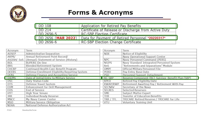 BACKUP SLIDE
Service members apply for retired pay using 2 forms: DD 108 and DD 2656.

NOTE: DD Form 2656 (OCT 2018) was just replaced due to law changes – released 17 March 2022 – previous editions obsolete

We’ll have a robust section on Survivor Benefits,

Sometimes, our attendees ask about how Academy time counts toward retirement.
Short answer: no points, no qualifying years.  But your I-Day sets your DIEMS date – that’s your Date of Initial Entry to Military Service. 
This determines your Retirement Pay Plan.  For example, my I-Day was July 1, 1993, with the great class of Navy ‘97.  Like you, my DIEMS date was after September 7, 1980; so, we are on the High-36 pay plan. 

Here’s what our attendees have told us they most want to take away based on Pre-Event Surveys:
- General overview, RC-SBP, ethics, protocol
- Proper and correct calculations of how much retirement pay will be (e.g. points, amount, and when it starts).
- Most effective time for retirement pay and benefits.

We’ll spend less time on the areas you indicated attendees could generally define (4.0/5 point scale) 
And more time on the areas scored scored as lowest collective knowledge: 
Navy Reserve retirement process, including applying for Pay and enrolling in TRICARE (2.67/5)
DD Forms 2656 and 108 (1.67/5)