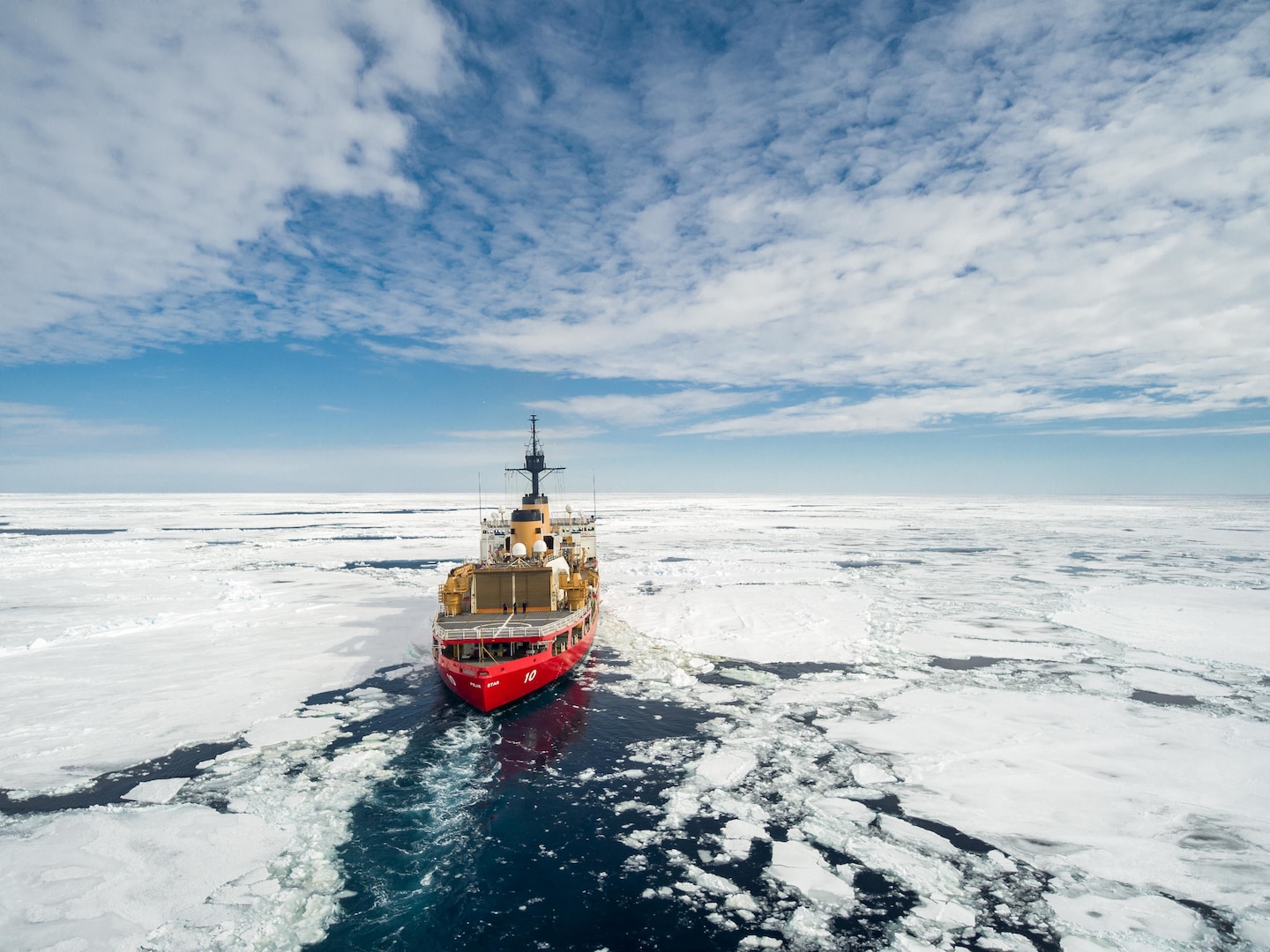 Coast Guard Cutter Polar Star (WAGB 10) transits through pack ice in the Southern Ocean, Dec. 28, 2022. Polar Star is en route to Antarctica in support of Operation Deep Freeze, a joint service, inter-agency support operation for the National Science Foundation, which manages the United States Antarctic Program. (U.S. Coast Guard photo by Petty Officer 3rd Class Aidan Cooney)