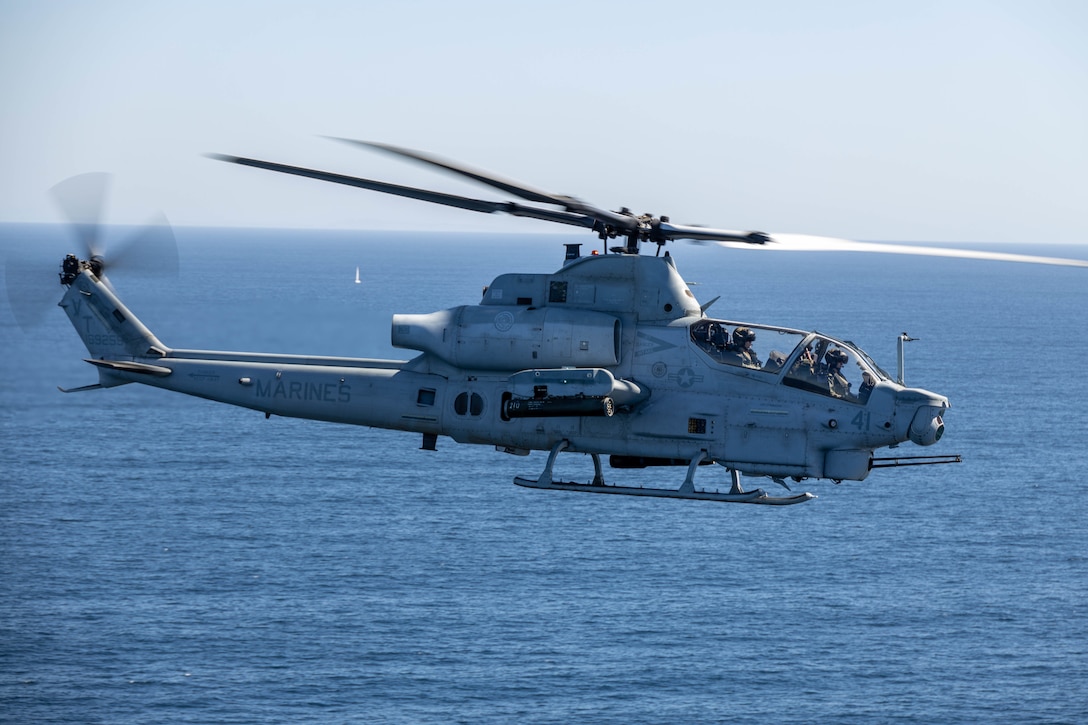 U.S. Marines with Marine Light Attack Helicopter Squadron 367, Marine Aircraft Group 39, 3rd Marine Aircraft Group, participate in a close air support exercise over San Clemente Island, California