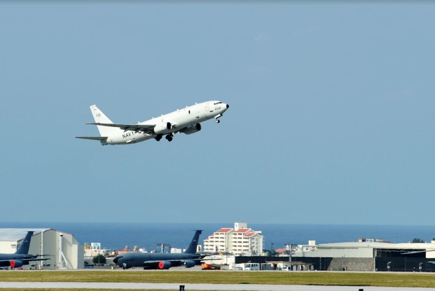A U.S. Navy P-8A Poseidon from the "Red Lancers" of Patrol Squadron (VP) 10 takes off from Kadena Air Base, March 3. The Red Lancers are based in Jacksonville, Florida, and are currently operating from Kadena Air Base in Okinawa, Japan. The squadron conducts maritime patrol and reconnaissance, as well as theater outreach operations, as part of a rotational deployment to the U.S. 7th Fleet area of operations.