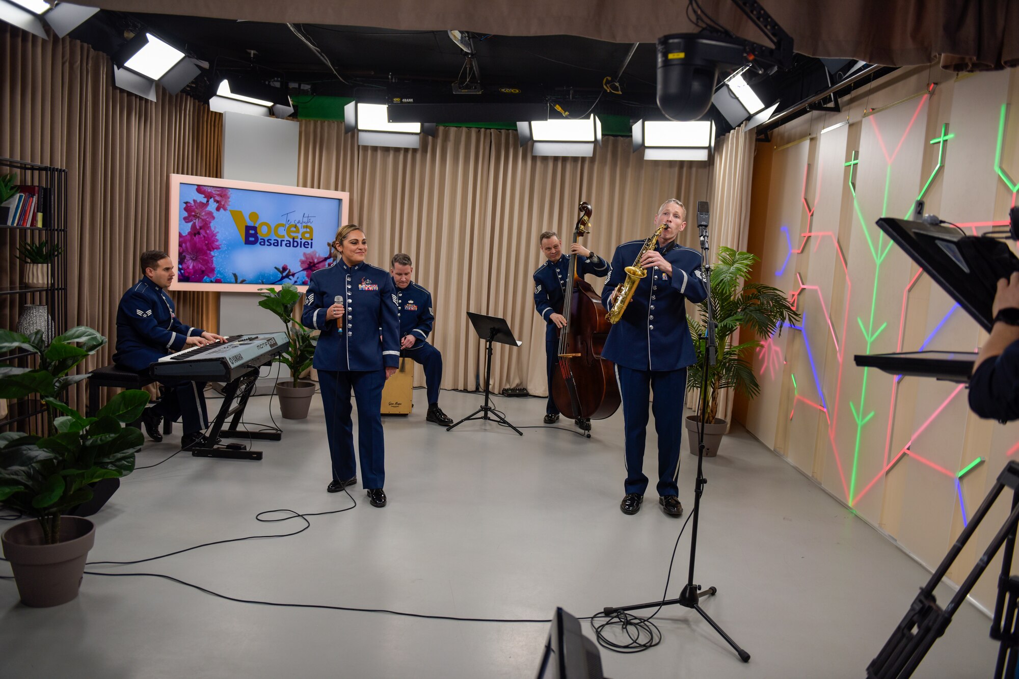 A band plays various instruments at a performance