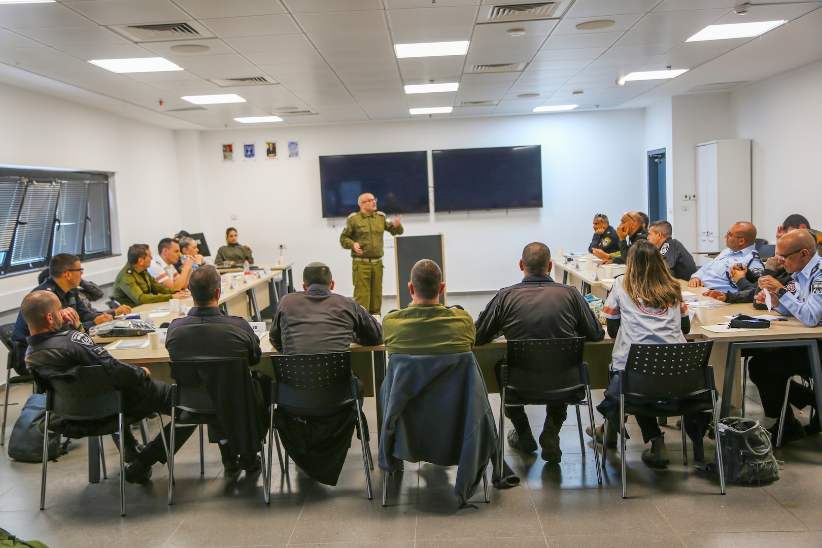 Commanders from various Israeli emergency services sits through a Commander's Course on Incident Command System class in Tel Avi Israel, 6 December 2022