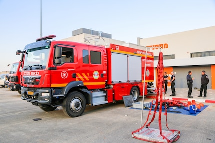 An Israeli National Fire and Rescue Authority vehicle is put on display for the Commander's Course on Incident Command hosted by the Israeli Home Front Command on 04 December 2022.