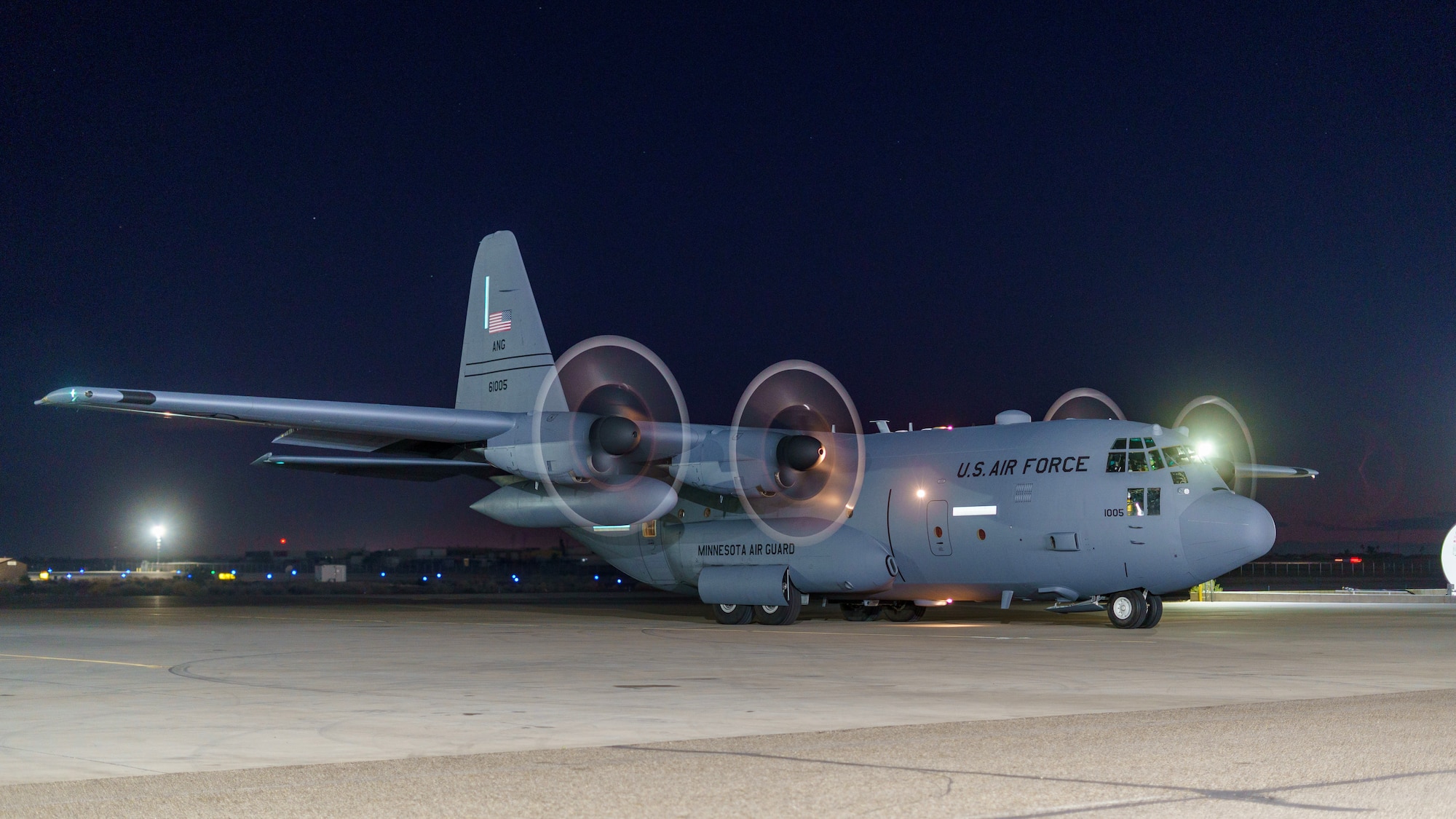 A U.S. Air Force C-130 Hercules prepares to taxi for take-off in Yuma, Ariz., Feb. 28, 2023.