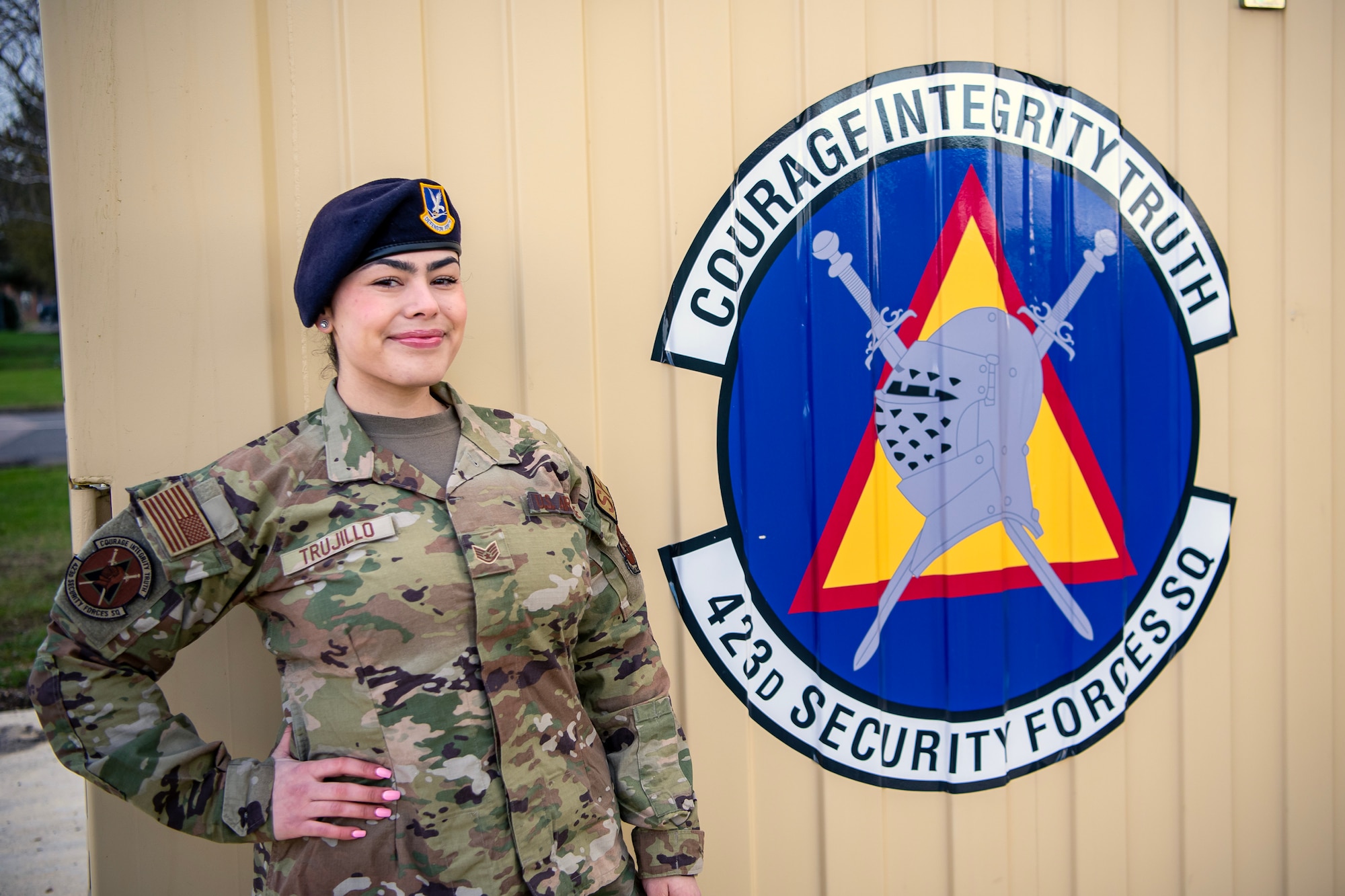 Staff Sgt. Arianna Ysabel Trujillo, 423d Security Forces Squadron flight sergeant, poses for a photo at RAF Alconbury, England. This photo is part of a project to highlight female Airmen from across the wing in honor of Women's History Month. (U.S. Air Force photo by Staff Sgt. Eugene Oliver)