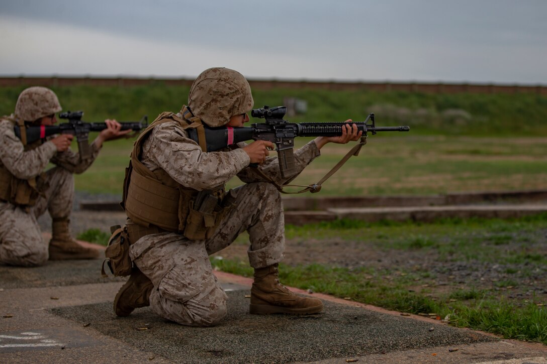 U.S. Marine Corps recruits with Alpha Company, 1st Recruit Training Battalion, fire in the kneeling position during the table two course of fire on Marine Corps Base Camp Pendleton, Calif. March 14, 2023. All recruits participated in the table two rifle qualification course during the 3rd phase of recruit training. (U.S. Marine Corps photo by Cpl. Kindred)