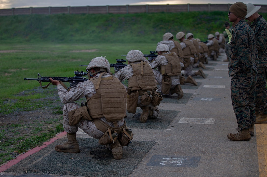 U.S. Marine Corps recruits with Alpha Company, 1st Recruit Training Battalion, fire in the kneeling position during the table two course of fire on Marine Corps Base Camp Pendleton, Calif. March 14, 2023. All recruits participated in the table two rifle qualification course during the 3rd phase of recruit training. (U.S. Marine Corps photo by Cpl. Kindred)