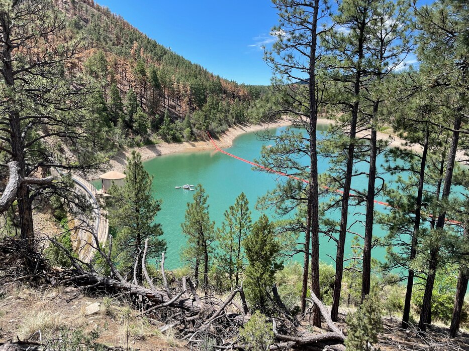 LAS VEGAS, N.M. – Photo of Gallinas Canyon Reservoir taken mid-June 2022, before a major landslide that occurred during the advance-measures efforts taken by the district in the aftermath of the Calf Canyon/Hermits Peak Fire during the summer of 2022. Photo by Capt. Robert Zebrowski.