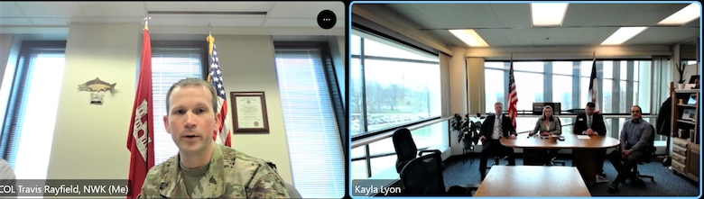 Col. Travis Rayfield, commander and district engineer for the Kansas City District, U.S. Army Corps of Engineers with personnel from the Iowa Department of Natural Resources, including Kayla Lyon, director (center), as they discuss a Project Partnership Agreement with them for a Section 1135 aquatic restoration project for Rathbun Lake, Iowa.