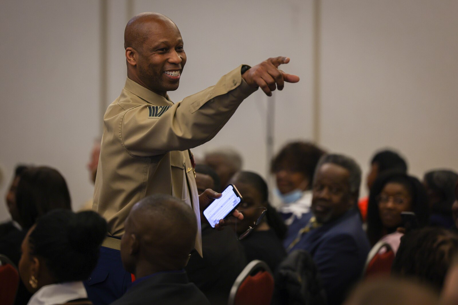 U.S. Marine Corps Sgt. Maj. Chester Wilson III, outgoing sergeant major of Headquarters Battalion, Training and Education Command, addresses the audience during the HQBN, TECOM Relief and Appointment and Retirement ceremony on Marine Corps Base Quantico, Virginia, March 10, 2023. Sgt. Maj. Wilson retires after serving in the U.S. Marine Corps for 30 years, undertaking three successful tours of recruiting duty and deploying to Iraq and Afghanistan. (U.S. Marine Corps photo by Lance Cpl. David Brandes)