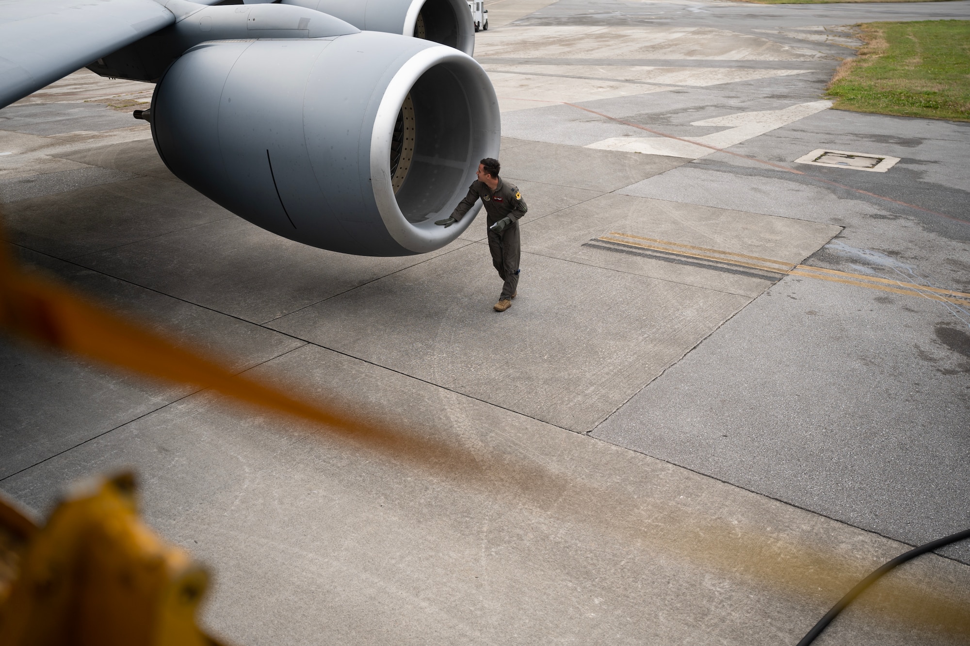 U.S. Air Force Capt. Justin Berndt, 909th Air Refueling Squadron KC-135 Stratotanker pilot, conducts pre-flight checks prior to departure from Kadena Air Base, Japan, March 13, 2023 in support of a subject matter expert exchange and bilateral training mission with the Philippine Air Force. Enhancing interoperability between the U.S. and Philippine air forces contributes to the long-term advancement of our nations’ shared interest in maintaining a free and open Indo-Pacific. (U.S. Air Force photo by Senior Airman Jessi Roth)