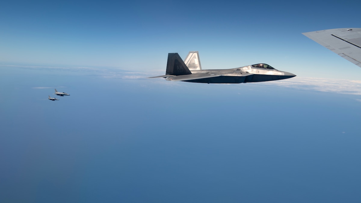 An F-22A Raptor assigned to the 525th Fighter Squadron flies with Philippine Air Force FA-50PH’s over the South China Sea, March 14, 2023. Integrating and training alongside the Philippine Air Force promotes interoperability, builds upon our strong alliance, and reaffirms the commitment to the Mutual Defense Treaty and maintaining peace and stability throughout the Indo-Pacific region. (U.S. Air Force photo by Senior Airman Jessi Roth)