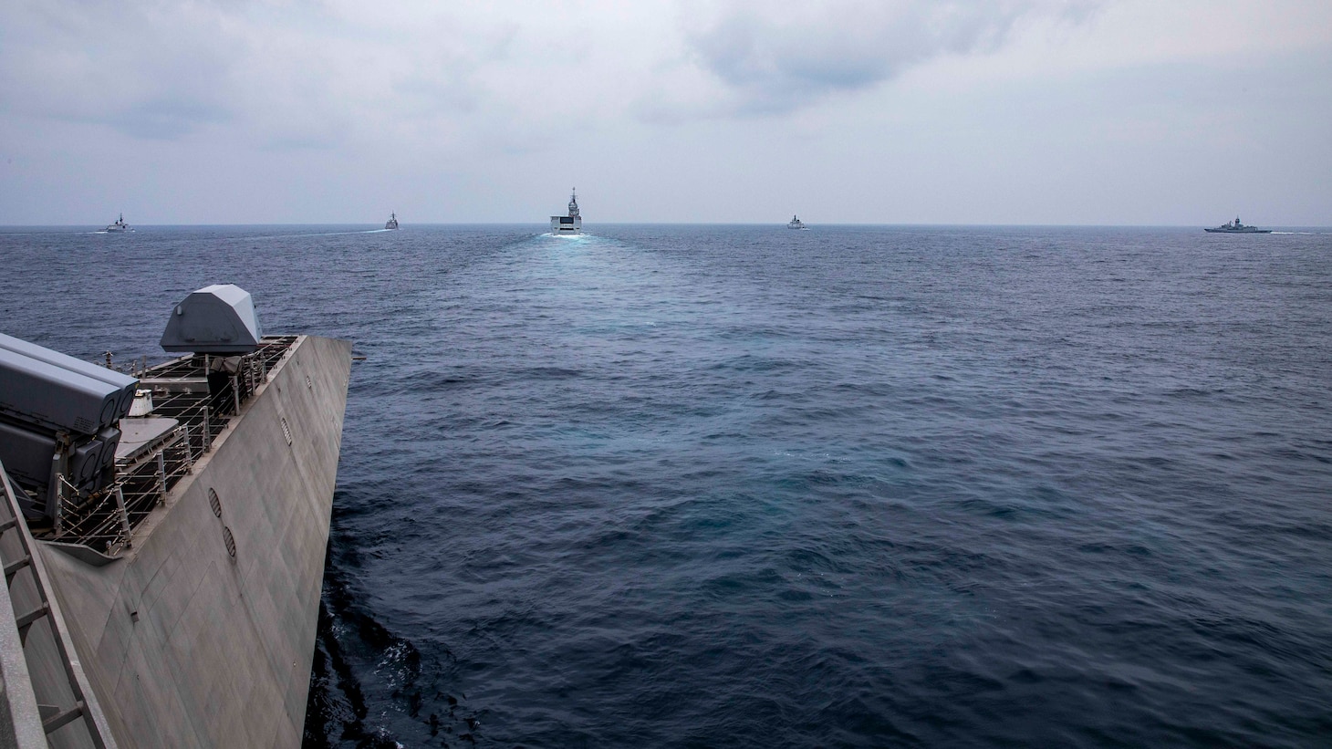 Ships steam in formation with Independence-variant littoral combat ship USS Charleston (LCS 18) during joint training exercise La Pérouse 2023 in the Bay of Bengal, March 14. La Pérouse is a multilateral exercise designed to enhance cooperation in the field of maritime surveillance, interdiction operations and air operations by progressive training and information sharing. Charleston, part of Destroyer Squadron 7, is on a rotational deployment, operating in the U.S. 7th Fleet area of operations to enhance interoperability with Allies and partners and serve as a ready-response force in support of a free and open Indo-Pacific region.
