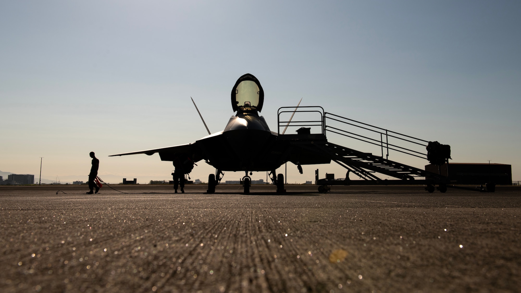 U.S. Airmen from the 3rd Aircraft Maintenance Squadron prepare an F-22A Raptor assigned to the 525th Fighter Squadron for departure from Clark Air Base, Philippines, March 14, 2023. Enhancing interoperability between the U.S. and Philippine air forces contributes to the long-term advancement of our nations’ shared interest in maintaining a free and open Indo-Pacific. (U.S. Air Force photo by Senior Airman Jessi Roth)