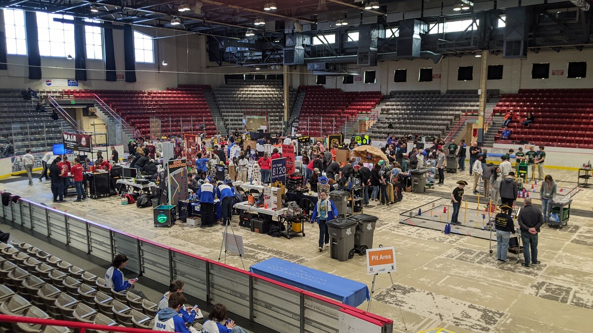 Teams prepare their robots for competition in the pit area of the For Inspiration and Recognition of Science and Technology, or FIRST, Tech Challenge Ohio State Championship March 11, 2023, at Hobart Arena in Troy, Ohio. Senior Air Force Research Laboratory leaders joined middle and high school students as they competed in the FIRST event, which encouraged students to pursue careers in science, technology, engineering and math. (U.S. Air Force photo / Jeremy Dunn)