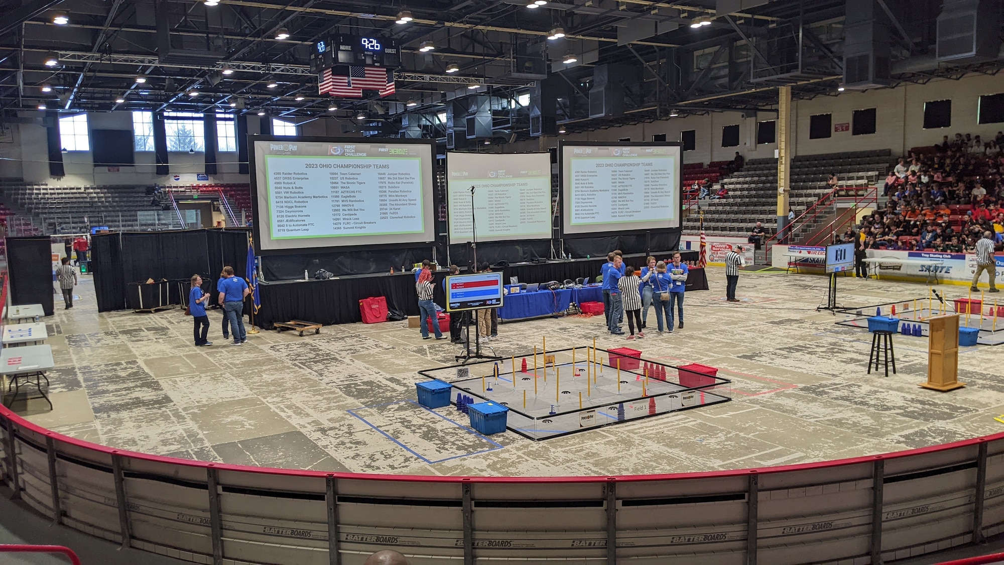 The competition area inside the Hobart Arena in Troy, Ohio, with competitors preparing for the For Inspiration and Recognition of Science and Technology, or FIRST, Tech Challenge Ohio State Championship March 11, 2023. Senior Air Force Research Laboratory leaders joined middle and high school students as they competed in the FIRST event, which encouraged students to pursue careers in science, technology, engineering and math. (U.S. Air Force photo / Jeremy Dunn)