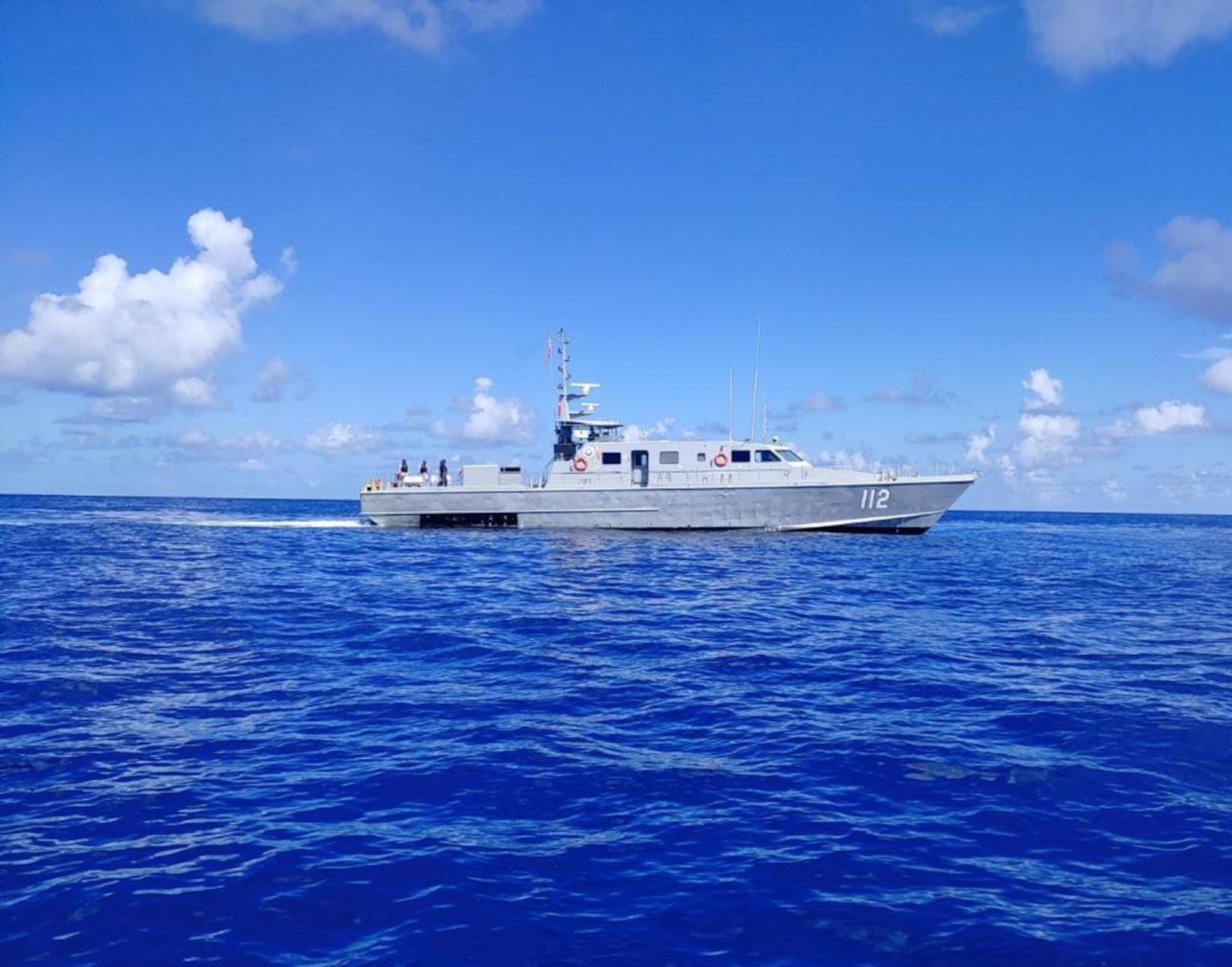 A Dominican Republic Navy ship floats in the Caribbean Sea off the southern coast of the Dominican Republic, Feb. 21, 2023. This ship was taking part in air and maritime integration with U.S. Air Force's 23rd Air Expeditionary Wing during Operation Forward Tiger to improve interoperability and expertise for both forces. (Dominican Republic Navy courtesy photo)