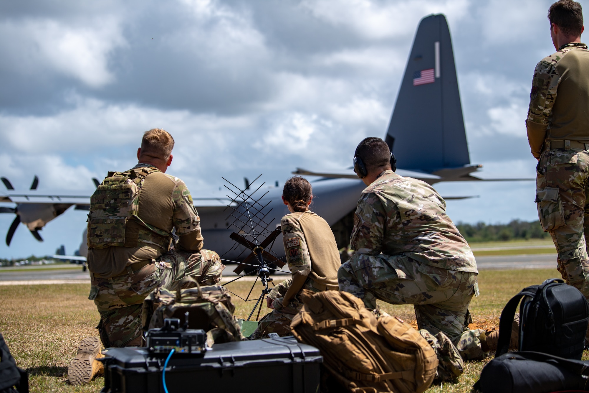 U.S. Air Force communications Airmen assigned to the 23rd Air Expeditionary Wing set up radio equipment during contingency location operations at the Rafael Hernández International Airport, Puerto Rico, Feb. 25, 2023. These forces were supporting Operation Forward Tiger, an Air Forces Southern exercise designed to increase combat readiness alongside humanitarian assistance and disaster response capabilities with U.S. partners and allies throughout the Caribbean. (U.S. Air Force photo by Airman 1st Class Courtney Sebastianelli)