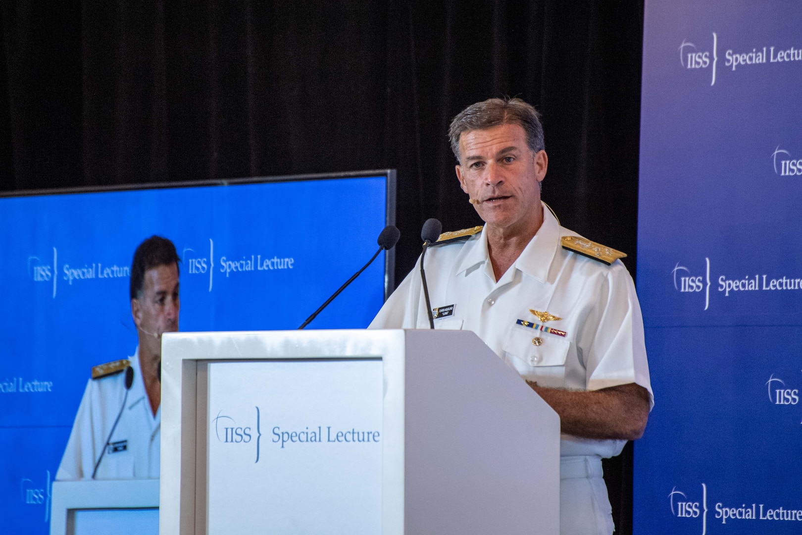SINGAPORE (March 16, 2023) Adm. John C. Aquilino, Commander U.S. Indo-Pacific Command, delivers a special lecture titled “Managing Strategic Competition and the Quest for an Enduring Future in the Indo-Pacific” at an event hosted by the International Institute for Strategic Studies (IISS). The IISS Special Lectures bring together prominent members and experts in order to discuss important developments in Asia-Pacific security with global and regional leaders. USINDOPACOM is committed to enhancing stability in the Asia-Pacific region by promoting security cooperation, encouraging peaceful development, responding to contingencies, deterring aggression and, when necessary, fighting to win. (U.S. Navy photo by Chief Mass Communication Specialist Shannon M. Smith)