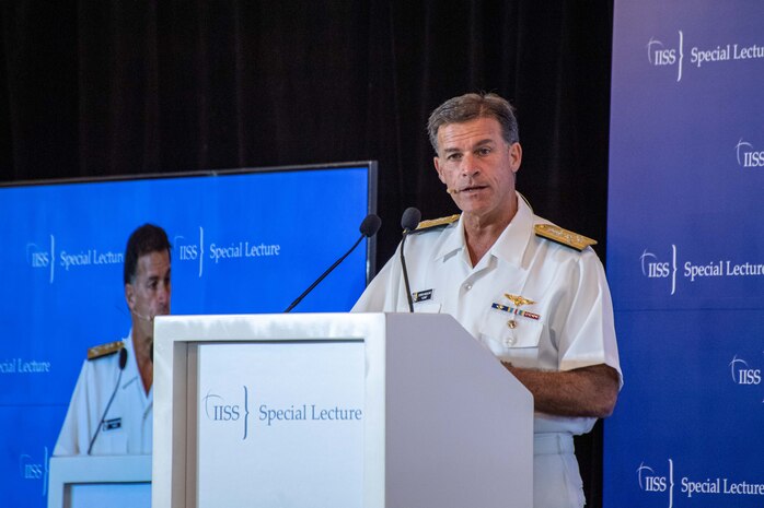 SINGAPORE (March 16, 2023) Adm. John C. Aquilino, Commander U.S. Indo-Pacific Command, delivers a special lecture titled “Managing Strategic Competition and the Quest for an Enduring Future in the Indo-Pacific” at an event hosted by the International Institute for Strategic Studies (IISS). The IISS Special Lectures bring together prominent members and experts in order to discuss important developments in Asia-Pacific security with global and regional leaders. USINDOPACOM is committed to enhancing stability in the Asia-Pacific region by promoting security cooperation, encouraging peaceful development, responding to contingencies, deterring aggression and, when necessary, fighting to win. (U.S. Navy photo by Chief Mass Communication Specialist Shannon M. Smith)