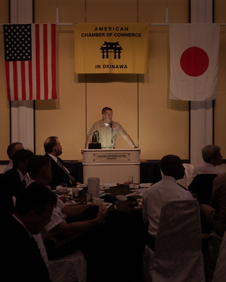U.S. Marine Corps Maj. Gen. Stephen Liszewski, the commanding general of Marine Corps Installations Pacific, gives remarks during an American Chamber of Commerce in Okinawa meeting at Ginowan, Okinawa, Japan, March 3, 2023. The conference was organized to help promote business between the U.S. military and Japanese entrepreneurs with ACCO. ACCO was established in 1953 to unite business growth and American success among affiliates. Fields commonly joined with ACCO are manufacturing, retail, construction, wholesale, and financial services. (U.S. Marine Corps photo by Lance Cpl. Jonathan Beauchamp)