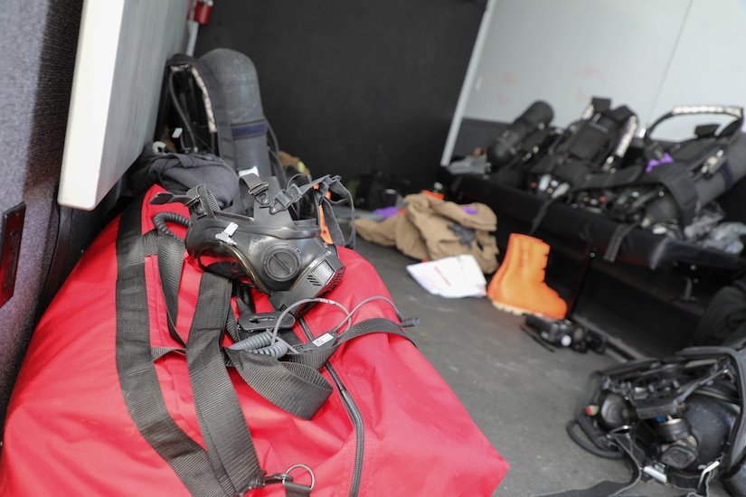 Protective equipment is laid out and ready to go for the Civil Support Teams prior to their simulated training event at Churchill Downs in Louisville, Ky., March 13, 2023.