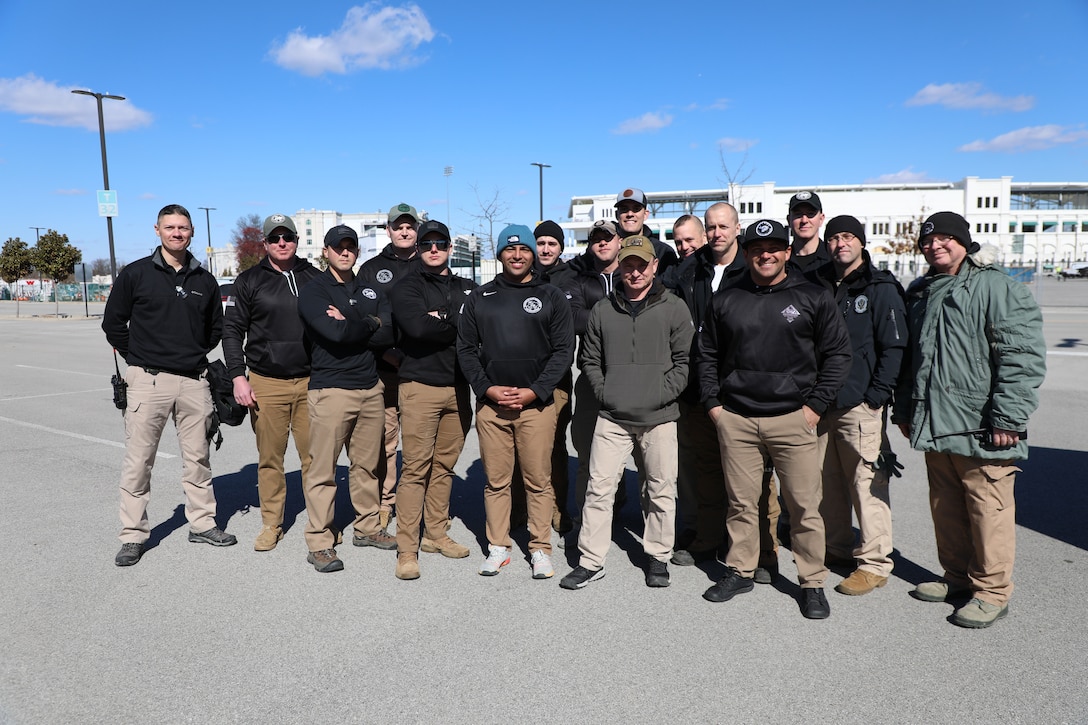 Members of the 41st Civil Support Team pose for a photo after their training event at Churchill Downs in Louisville, Ky., March 14, 2023.