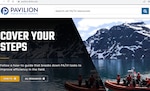 This is an image of the home page of the https://pavilion.dinfos.edu/ website showing one of many official DOD units that are authorized to host official government information on a DOT EDU domain URL. It shows a snowy mountain range on the right with an orange inflatable boat at the bottom and a text saying Cover Your Steps