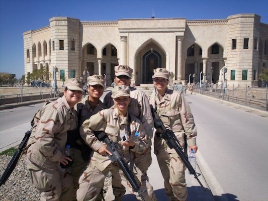 Legalman 2nd Class Debra Crawford (second from left) found herself stationed with those she went through training with while deployed to Task Force 134, Detainee Operations with the Magistrate Cell at Camp Cropper, a coalition forces Theater Interment Facility in western Baghdad in 2006 (Courtesy photo).