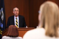 Naval Surface Warfare Center, Philadelphia Division’s (NSWCPD) Chief Technology Officer Dr. Eugene Golda gives a presentation on NSWCPD’s history during National Engineers Week on Feb. 22, 2023. National Engineers Week celebrates the positive contributions produced from a diverse group of engineers. (U.S. Navy photo by Sgt. Jermaine Sullivan/Released)