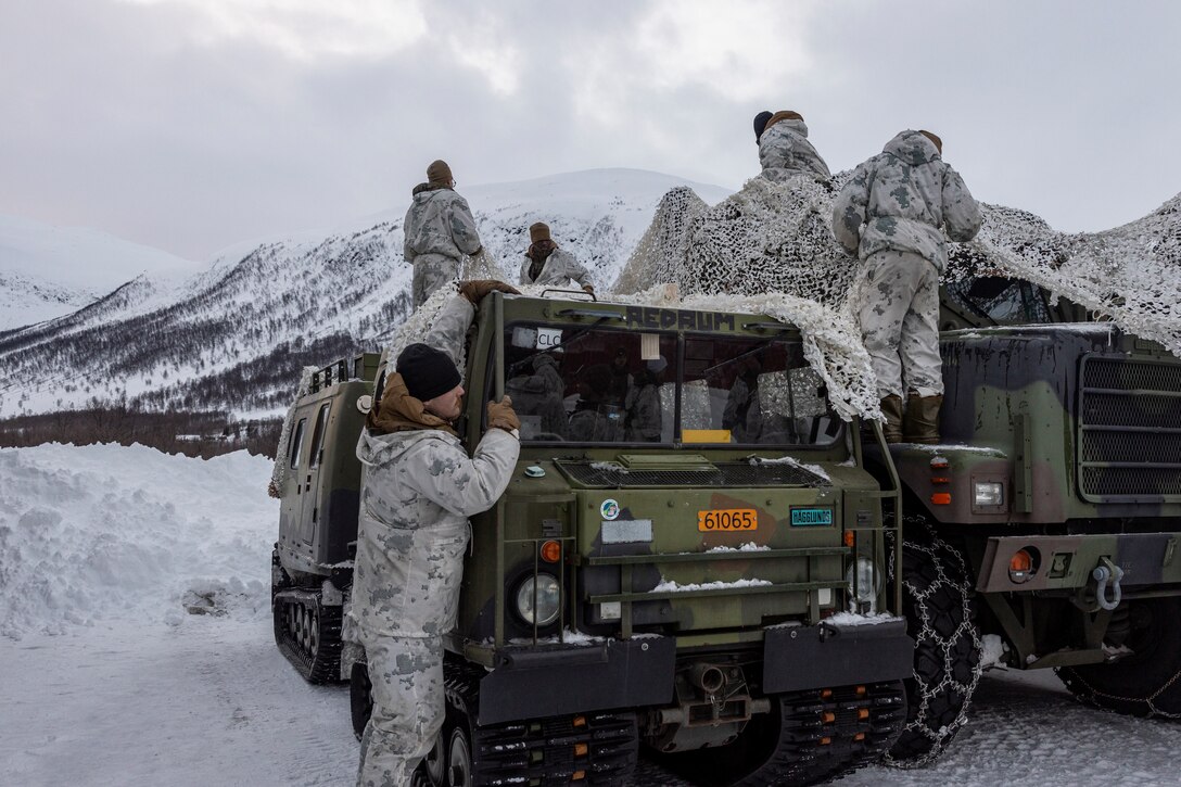 U.S. Marines with Combat Logistics Battalion 2, Combat Logistics Regiment 2, 2nd Marine Logistics Group, set up camouflage netting to conceal vehicles during Exercise Joint Viking near Bardufoss, Norway, March 11, 2023. Marines are deployed to Norway as part of Marine Rotational Forces Europe 23.1 which focuses on regional engagements throughout Europe by conducting various exercises, arctic cold-weather and mountain warfare training, and military-to-military engagements, which enhance overall interoperability of the U.S. Marine Corps with allies and partners. (U.S. Marine Corps photo by Sgt. Christian M. Garcia)