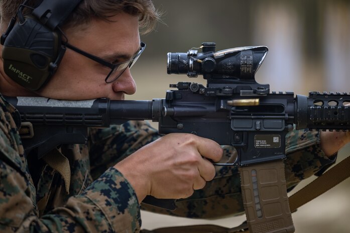 U.S. Marine Corps Sgt. Tyler Weaver, an engineer equipment mechanic with 2nd Light Armored Reconnaissance Battalion, 2nd Marine Division, fires an M4 during a training exercise with the Marine Corps Shooting Team’s Mobile Training Team on Camp Lejeune, North Carolina, March 2, 2023. The Mobile Training Team provides unique additional training for Marines in preparation for the Marine Corps Marksmanship Competition.