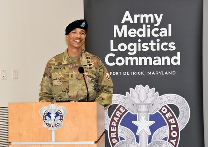 Maj. Gen. Robert Edmonson II, commanding general of U.S. Army Communications-Electronics Command, greets attendees during his remarks at U.S. Army Medical Logistics Command’s relinquishment of command ceremony March 10 at Fort Detrick, Maryland. The event served to recognize and sendoff outgoing commander Col. Tony Nesbitt, who will be retiring.