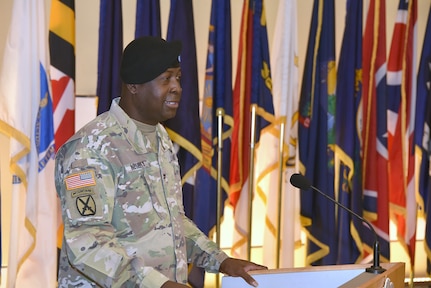 Col. Tony Nesbitt, outgoing commander of U.S. Army Medical Logistics Command, speaks during his relinquishment of command ceremony March 10 at Fort Detrick, Maryland. Nesbitt, who is retiring, passed the baton to Col. Gary Cooper, who will serve as interim commander for the organization.