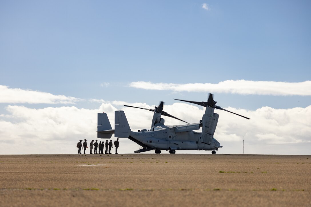 U.S. Marines with I Marine Expeditionary Force Information Group board a MV-22 Osprey during a medical evacuation drill as a part of a certification exercise at Marine Corps Base Camp Pendleton, California, Feb. 28, 2023. The CERTEX is designed to assess and sustain military occupational specialty proficiency in preparation for future operations. (U.S. Marine Corps photo by Lance Cpl. Helms)